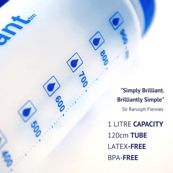Close-up of Hydrant water bottle showing volume markings from 400ml to 900ml, with blue icons. Text highlights features: 1 litre capacity, 120cm tube, latex-free, BPA-free. Quote by Sir Ranulph Fiennes: “Simply Brilliant. Brilliantly Simple.”