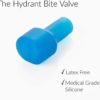 Blue silicone Hydrant bite valve with text stating “Latex Free” and “Medical Grade Silicone” on a white background.