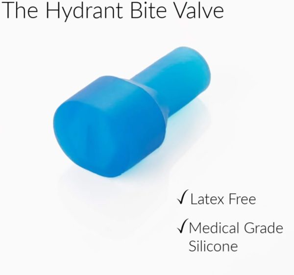 Blue silicone Hydrant bite valve with text stating “Latex Free” and “Medical Grade Silicone” on a white background.