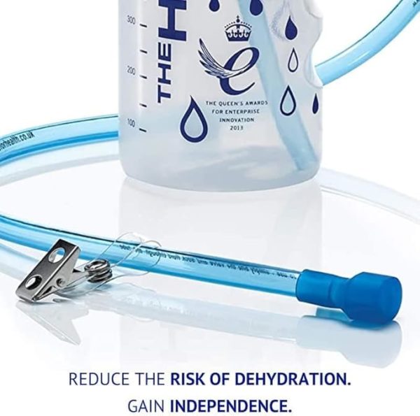 Close-up of the Hydrant bottle showing the drinking tube with metal clothing clip and bite valve. Text reads: "Reduce the risk of dehydration. Gain independence."