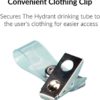 Close-up of the Hydrant metal clothing clip with a clear plastic strap, shown with text describing its purpose: securing the drinking tube to clothing for easy access.