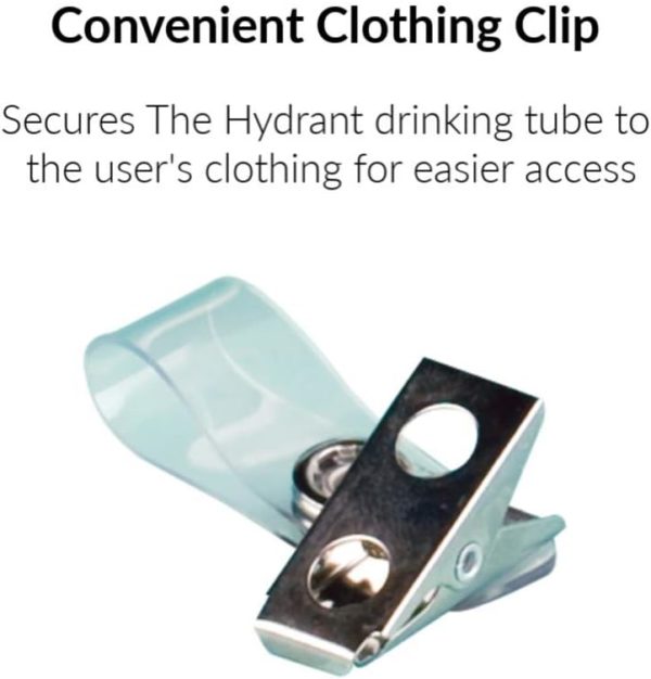 Close-up of the Hydrant metal clothing clip with a clear plastic strap, shown with text describing its purpose: securing the drinking tube to clothing for easy access.