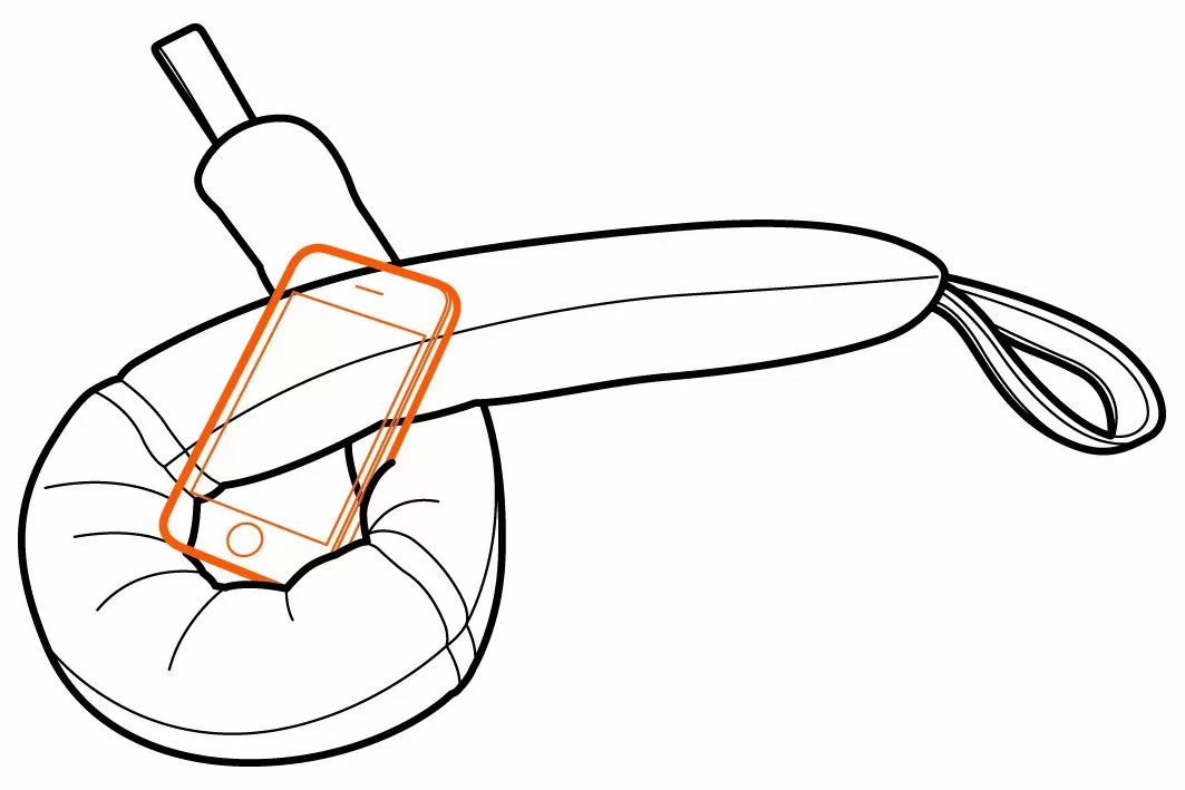 Drawing of the Trabasack Media Mount device stand holding a mobile phone