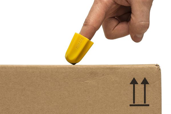 Nimble one-finger cutter opening a cardboard box