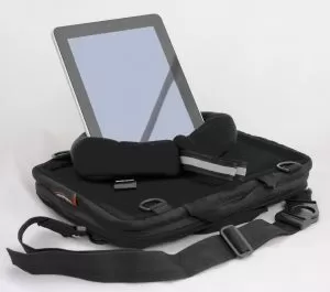 Trabasack Mini Connect wheelchair lap tray and bag with Media Mount supporting tablet on top