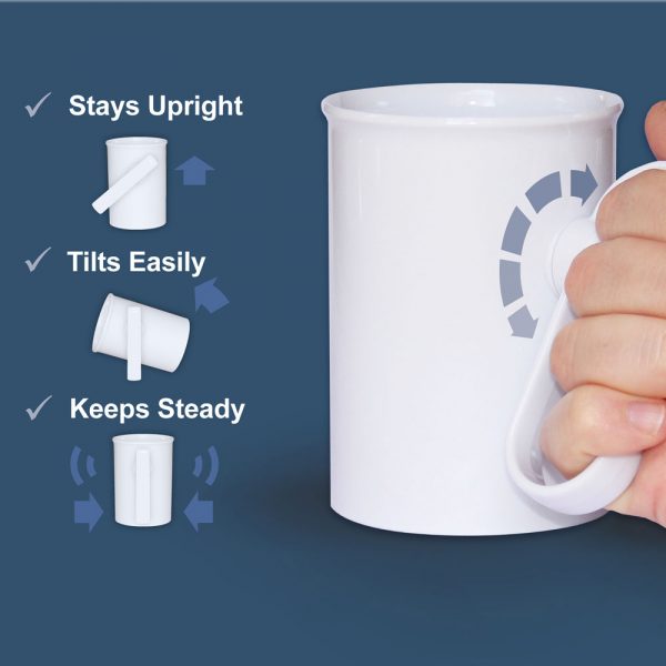 Handsteady drinking aid showing that it stays upright, keeps steady and tilts easily