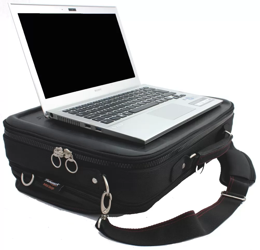 Trabasack Max expandable wheelchair lap tray with laptop on top
