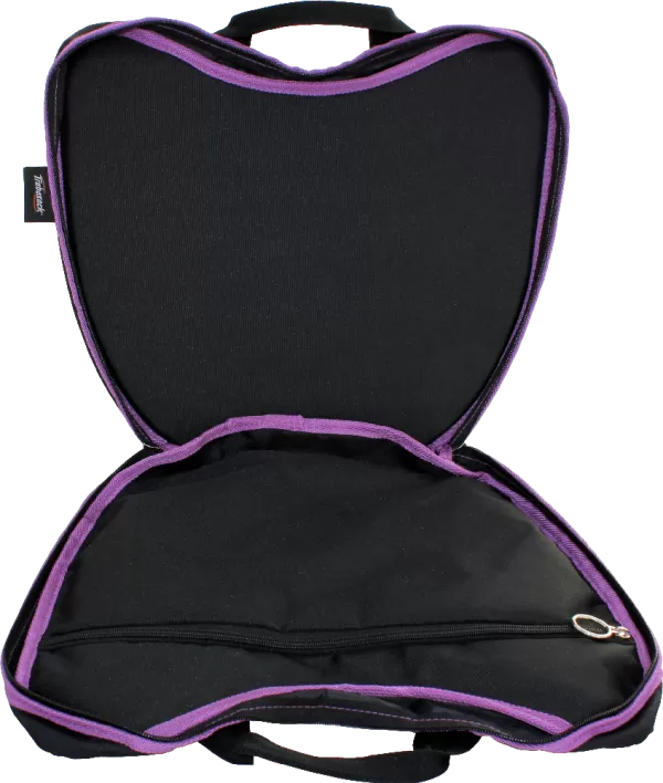 Trabasack Curve wheelchair lap tray and bag with open with purple trim