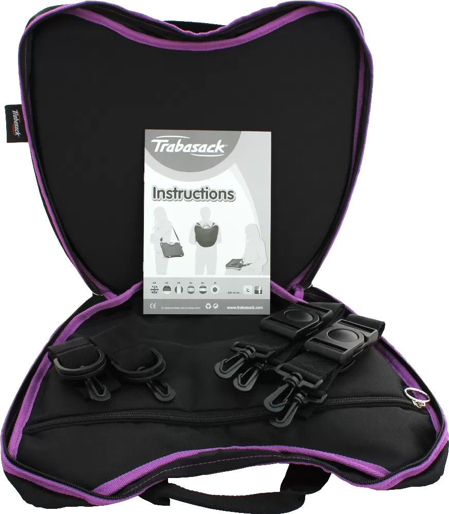 Trabasack Curve wheelchair lap tray and bag with open with straps inside