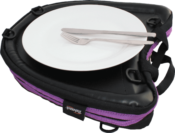 Trabasack Curve wheelchair lap tray and bag with plate and cutlery on top