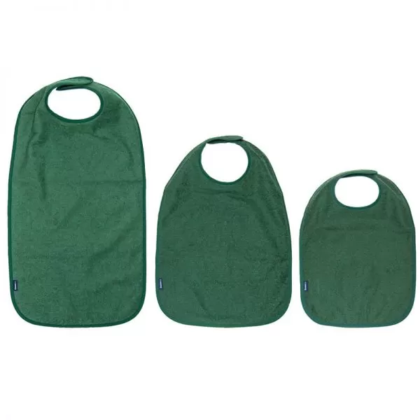 Three sizes of Seenin bib apons in green