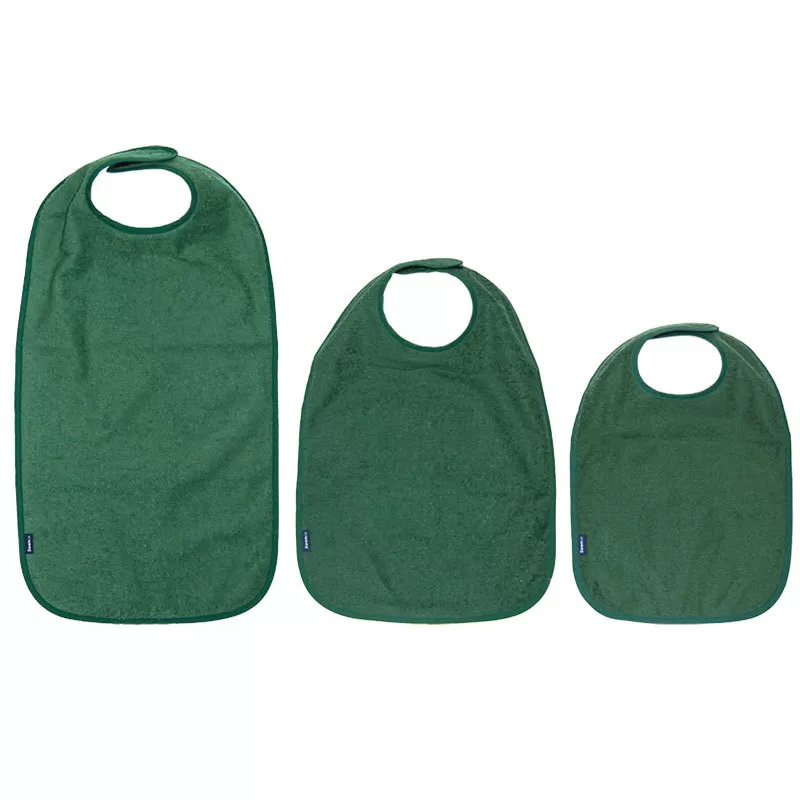Three sizes of Seenin bib apons in green