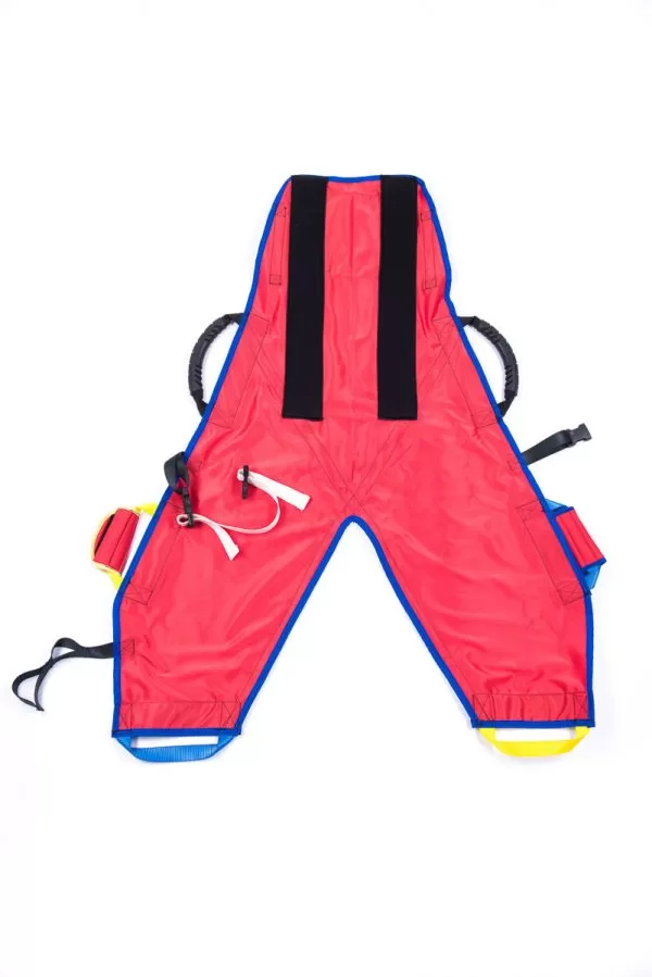 Front of red ProMove hoist sling with head support for disabled children and young adults