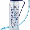 Clear plastic Hydrant water bottle with dark blue lid, 1-litre capacity markings, flexible drinking tube with a bite valve and metal clip.
