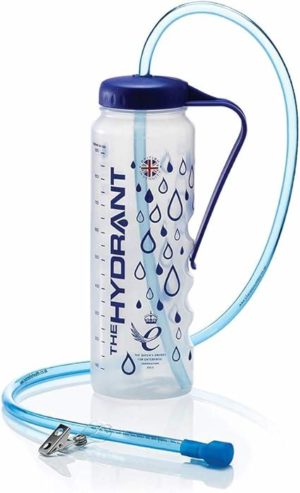 Clear plastic Hydrant water bottle with dark blue lid, 1-litre capacity markings, flexible drinking tube with a bite valve and metal clip.