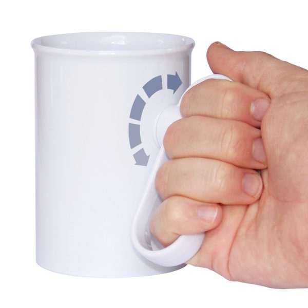 Handsteady drinking aid with graphic showing how the handle is tilted to the side
