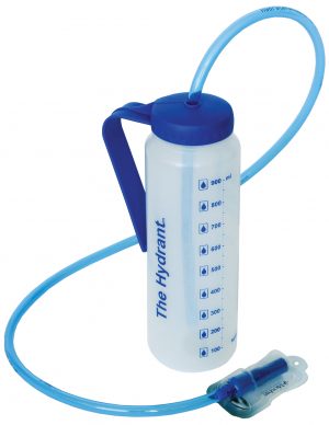 Hydrant water bottle drinking aid with long blue straw