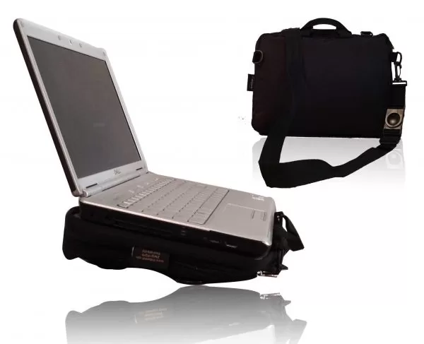 Trabasack Mini wheelchair lap tray and bag with laptop on top