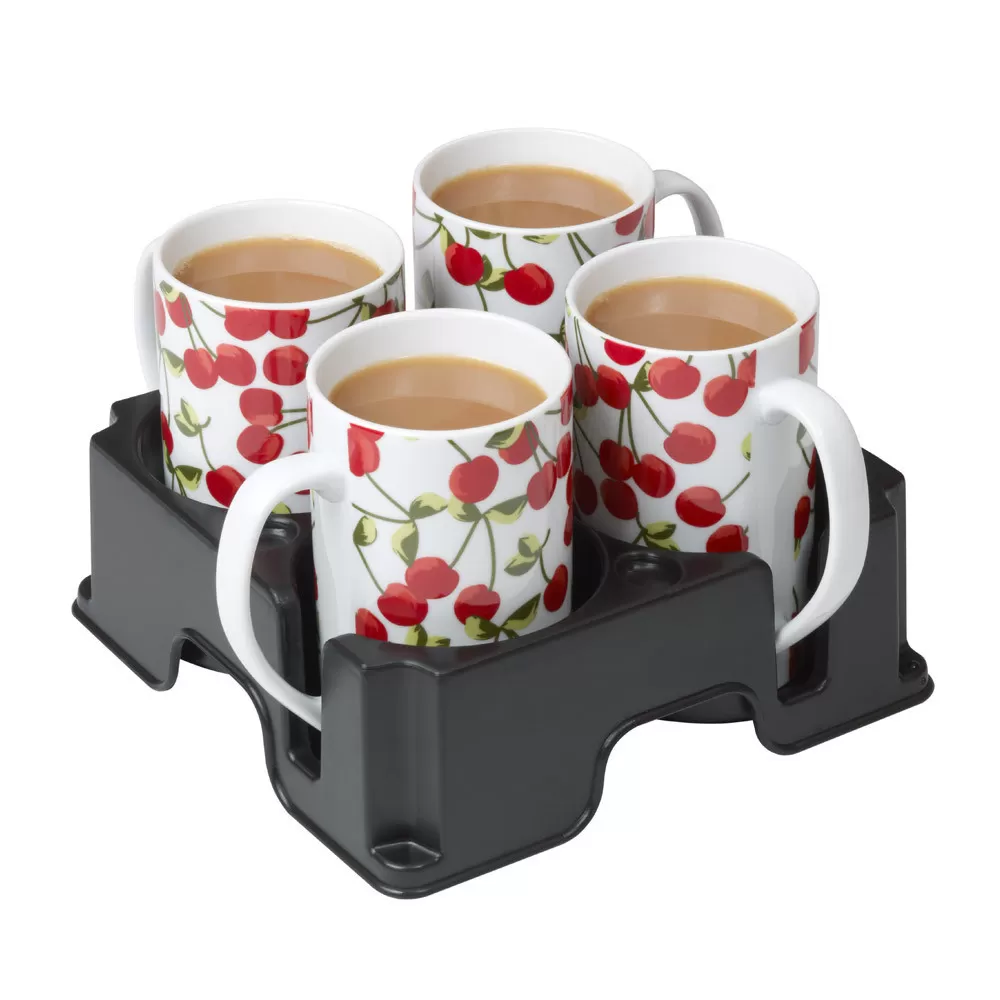 Black Muggi mug and cup holder holding four white mugs