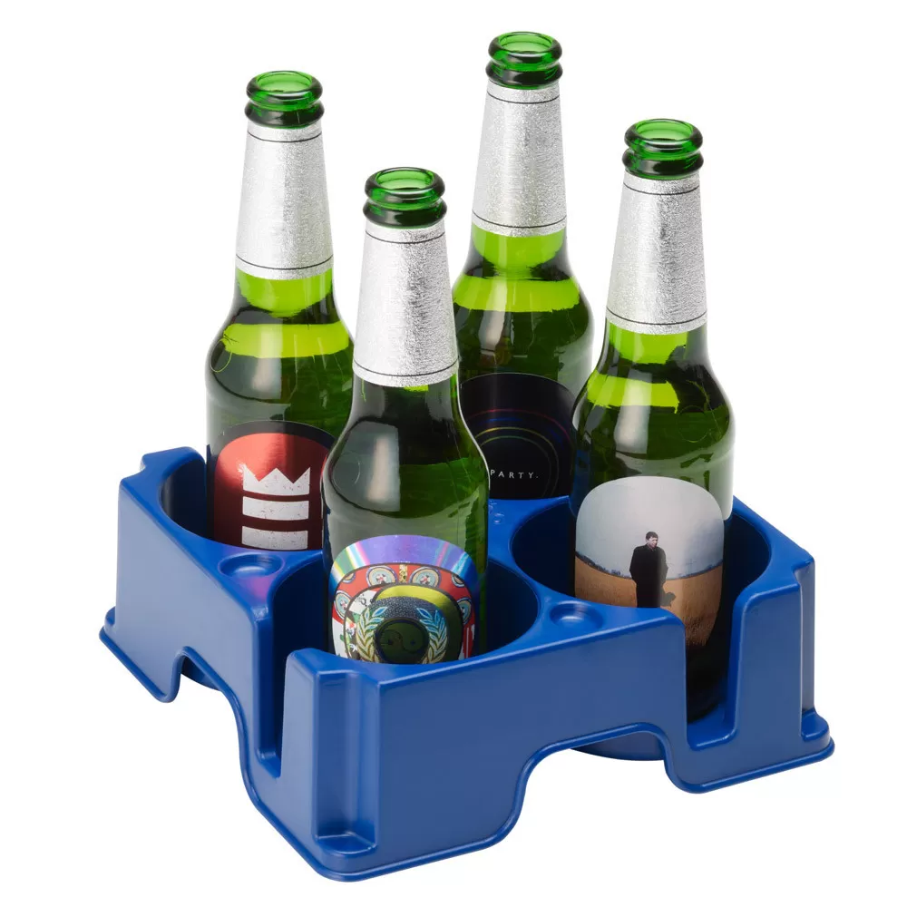 Blue Muggi mug and cup holder holding four beer bottles