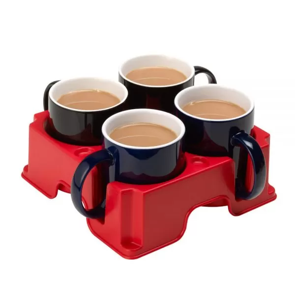 Red Muggi mug and cup holder holiday four black mugs