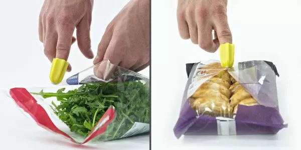 Nimble one-finger cutter being used to open plastic bags