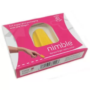 Image is the yellow Nimble, one-finger cutter in pink packaging on a white background