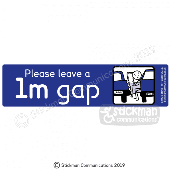 Disabled car sticker with image showing a blue rectangle with an illustration of someone with a walking aid trying to get out of a car without enough space to open the door fully. Text reads: "Please leave a 1m gap"