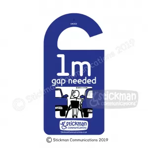 Hanging disabled sign with an illustration of someone with a walking aid trying to get out of a car without enough space to open the door fully. Text reads: “1m gap needed"