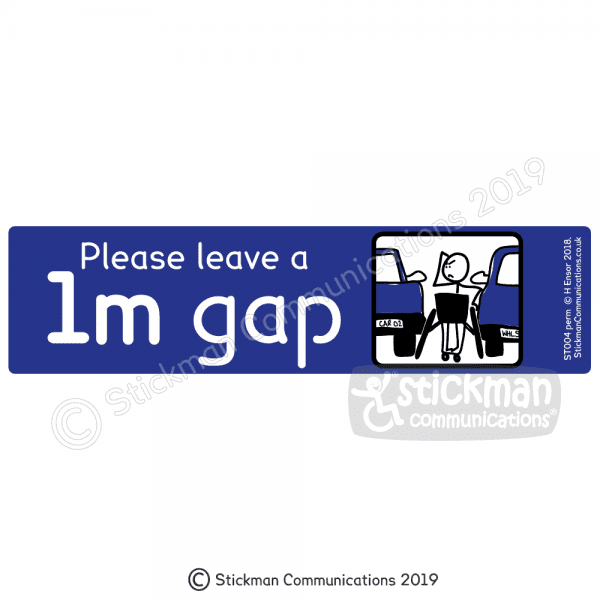 Disabled car sticker with image showing a blue rectangle with a cartoon of a stickman in a wheelchair unable to get down a narrow gap between two cars. Text reads: "Please leave a 1m gap"