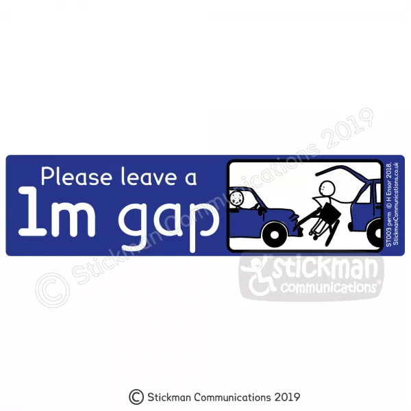 Disabled car sticker with image showing a blue rectangle with a stickman cartoon of a wheelchair user not having enough space to get a wheelchair out of the boot. Text reads: "Please leave a 1m gap"