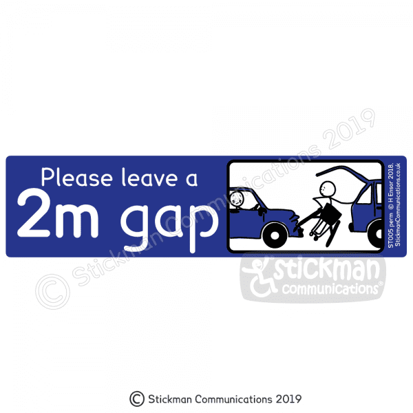 Disabled car sticker with image showing a blue rectangle with a cartoon of a stickman unable to get its wheelchair out of the boot without damaging another car parked too close. Text reads: "Please leave a 2m gap"