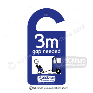 Hanging disabled sign with stickman cartoon of a powerchair going up a ramp into a vehicle. Text reads: "3m gap needed"