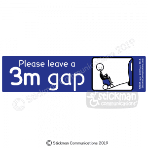 Disabled car sticker image showing a blue rectangle with a drawing of a stickman on a powerchair entering the back of a vehicle on a ramp. Text reads: "Please leave a 3m gap"