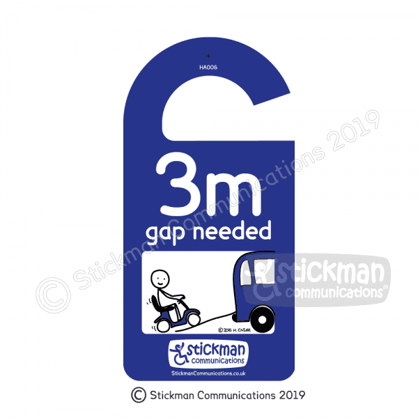 Image shows a hanger for a car rearview mirror, in blue with stickman cartoon of a scooter going up a ramp into a vehicle. Text reads: "3m gap needed"
