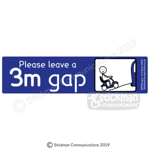 Disabled car sticker with image showing a blue rectangle with a drawing of a stickman on a mobility scooter entering the back of a vehicle on a ramp. Text reads: "Please leave a 3m gap"