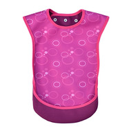 Image is a photograph of the Bibetta Junior Tabard front view with a pink bubble print, on a white background