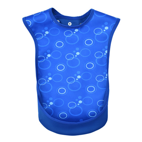 Image is a photograph of the Bibetta Junior Tabard front view with a blue bubble print, on a white background