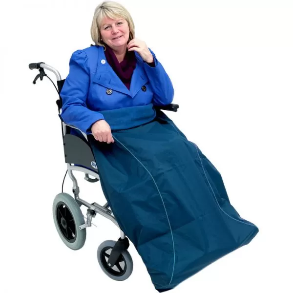 Disabled woman in navy Seenin waterproof wheelchair leg cover