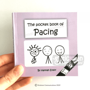 Image is a photograph of a someone holding the Pocket Book of Pacing by the bottom lefthand corner to show the front cover of the book