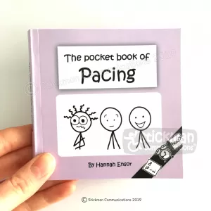 Image is a photograph of a someone holding the Pocket Book of Pacing by the bottom lefthand corner to show the front cover of the book