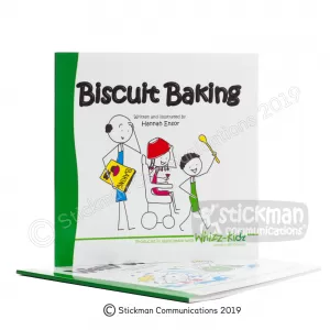 Biscuit Baking book featuring stickman illustrations of a family excitedly preparing to bake biscuits