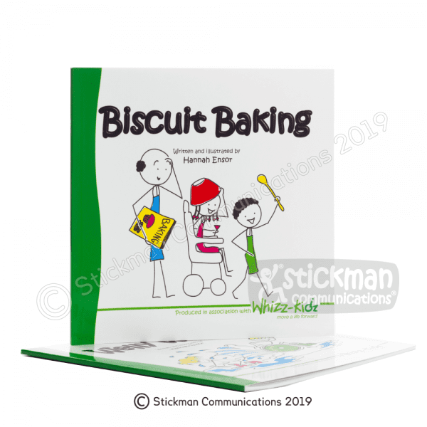 Biscuit Baking book featuring stickman illustrations of a family excitedly preparing to bake biscuits