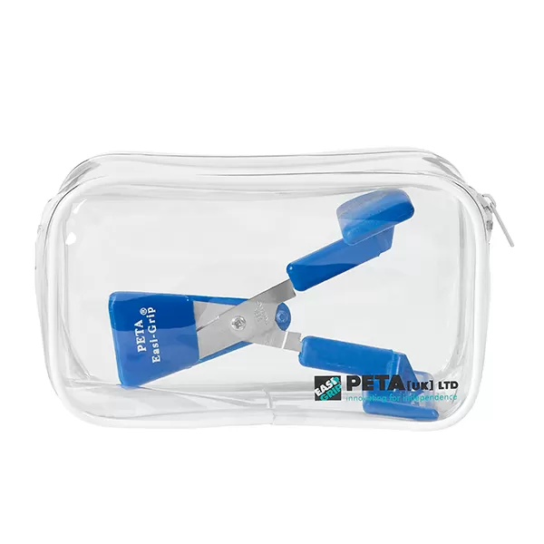 Peta Easi-Grip push-down table-top scissors in plastic storage box