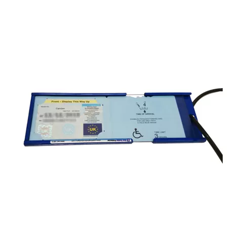 Large blue badge anti-theft device open with Blue Badge inside