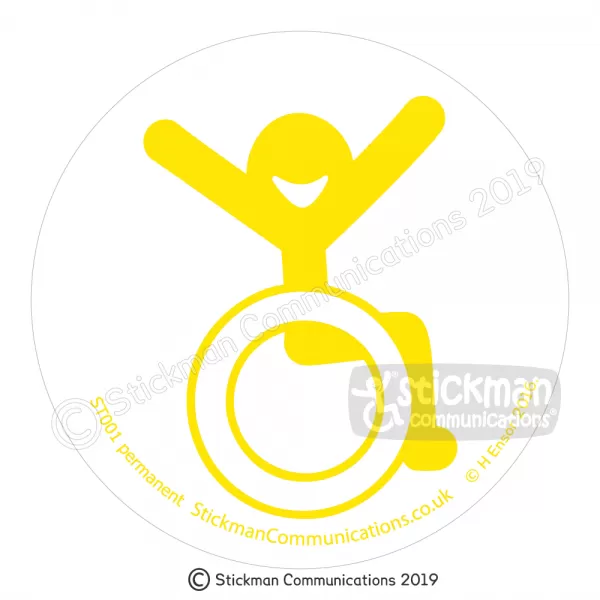 Image show a clear, circular sticker with a smiling stickman in a wheelchair with arms raised in the air with joy - in yellow