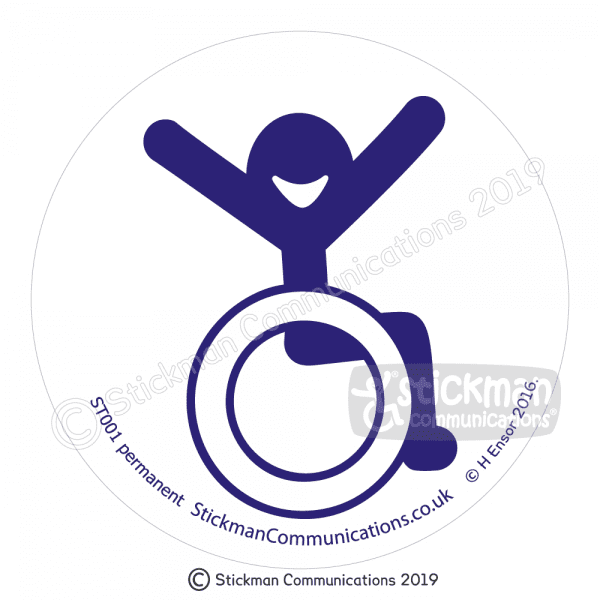Image show a clear, circular sticker with a smiling stickman in a wheelchair with arms raised in the air with joy - in blue
