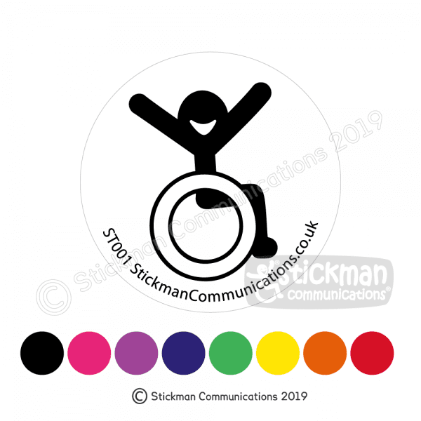 Image show a clear, circular sticker with a smiling stickman in a wheelchair with arms raised in the air with joy. At the bottom of the image it shows colour-spots to represent the colours the sticker is available in, including black, pink, purple, blue, green, yellow, orange and red