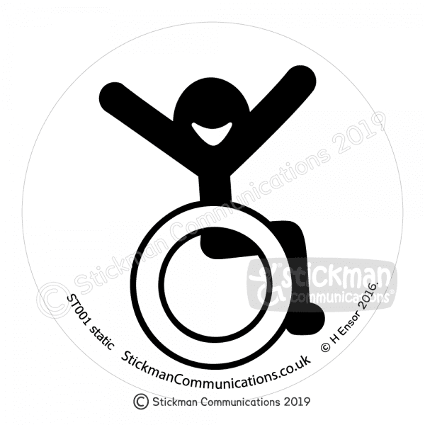Image show a clear, circular sticker with a smiling stickman in a wheelchair with arms raised in the air with joy - in black