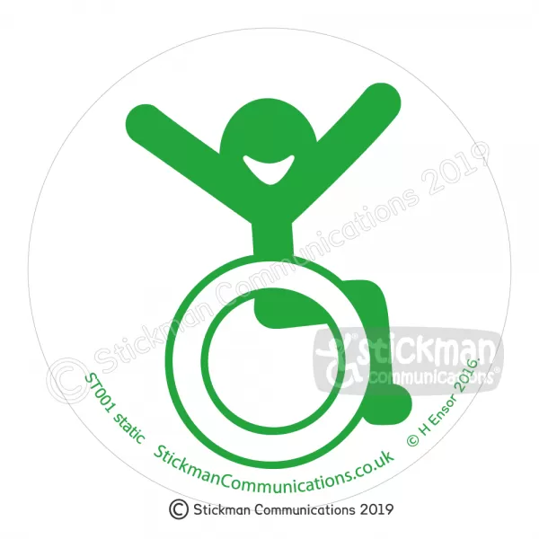 Image show a clear, circular sticker with a smiling stickman in a wheelchair with arms raised in the air with joy - in green